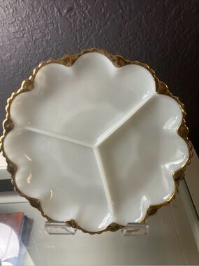 Fire king, milk, glass, 10 inch White and Gold Scalloped Divided Serving Dish
